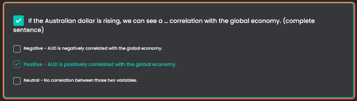  If the Australian dollar is rising, we can see a … correlation with the global economy